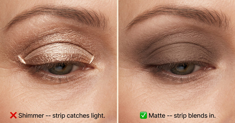 Comparison showing shimmer eyeshadow reflecting on the strip edge and matte eyeshadow blending the strip in.
